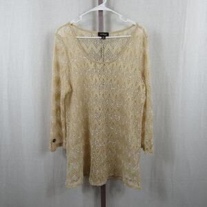 Cal Style 2XL Knit Mesh Lace Ivory Long Sleeve Blouse Chevron Semi Sheer Top